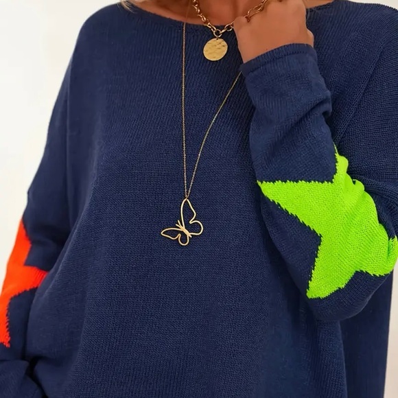 Sweaters - Vibrant Navy Sweater with Green and Orange Accents